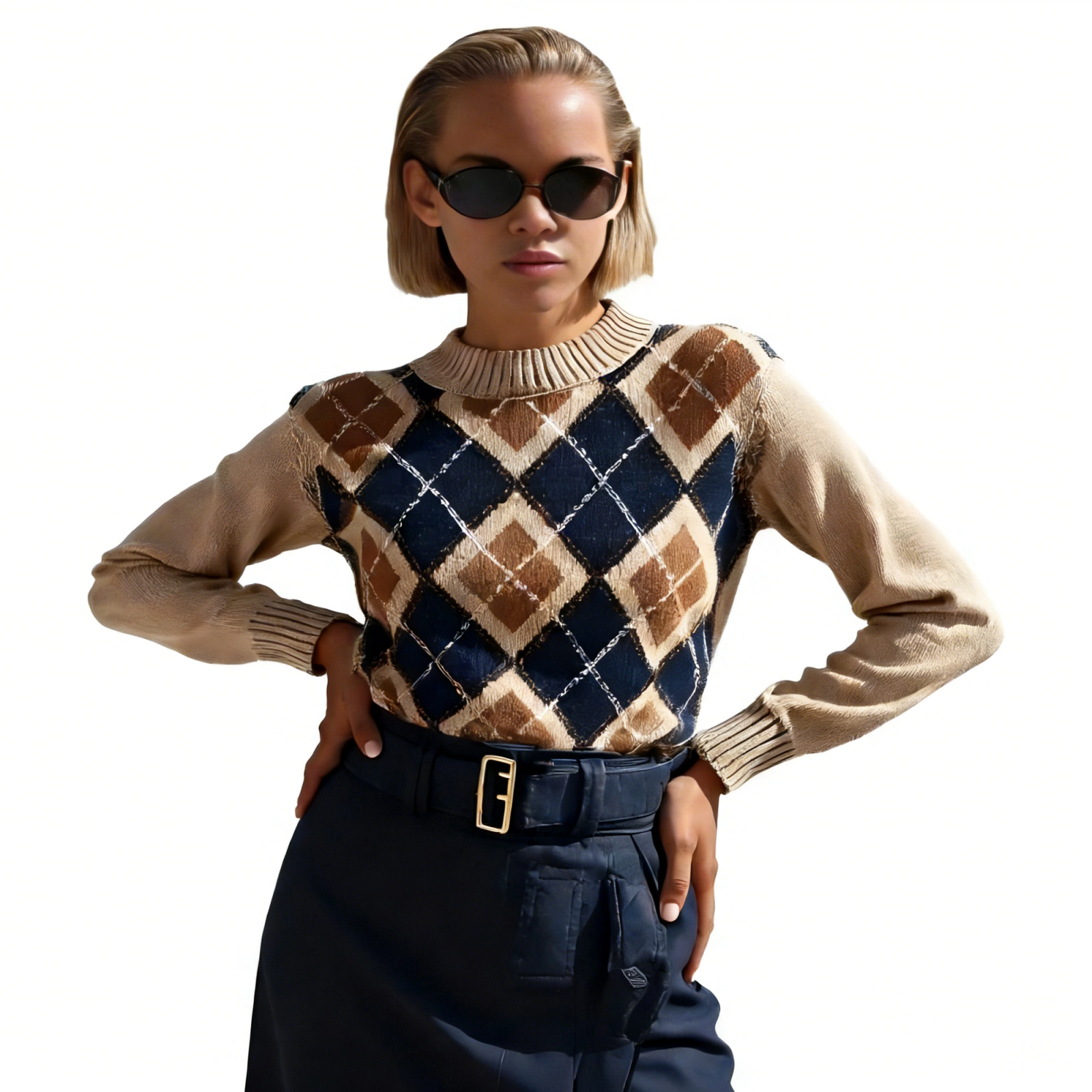 Camel & Navy Argyle Mock Neck Knit Sweater