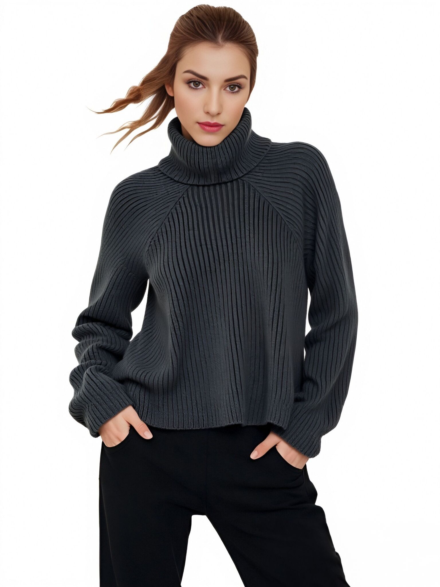 s105Charcoal Ribbed Turtleneck Knit Sweater
