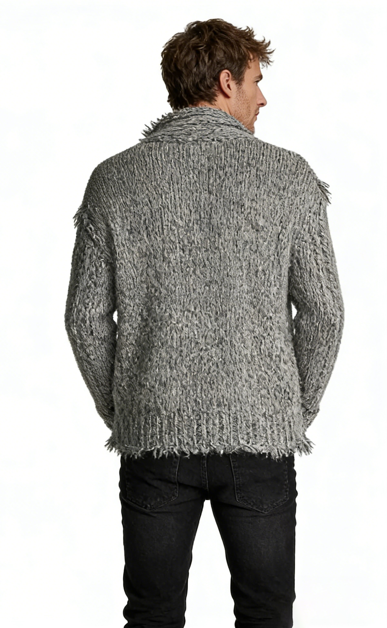 m012Heathered Stone Fringed Shawl Collar Cardigan