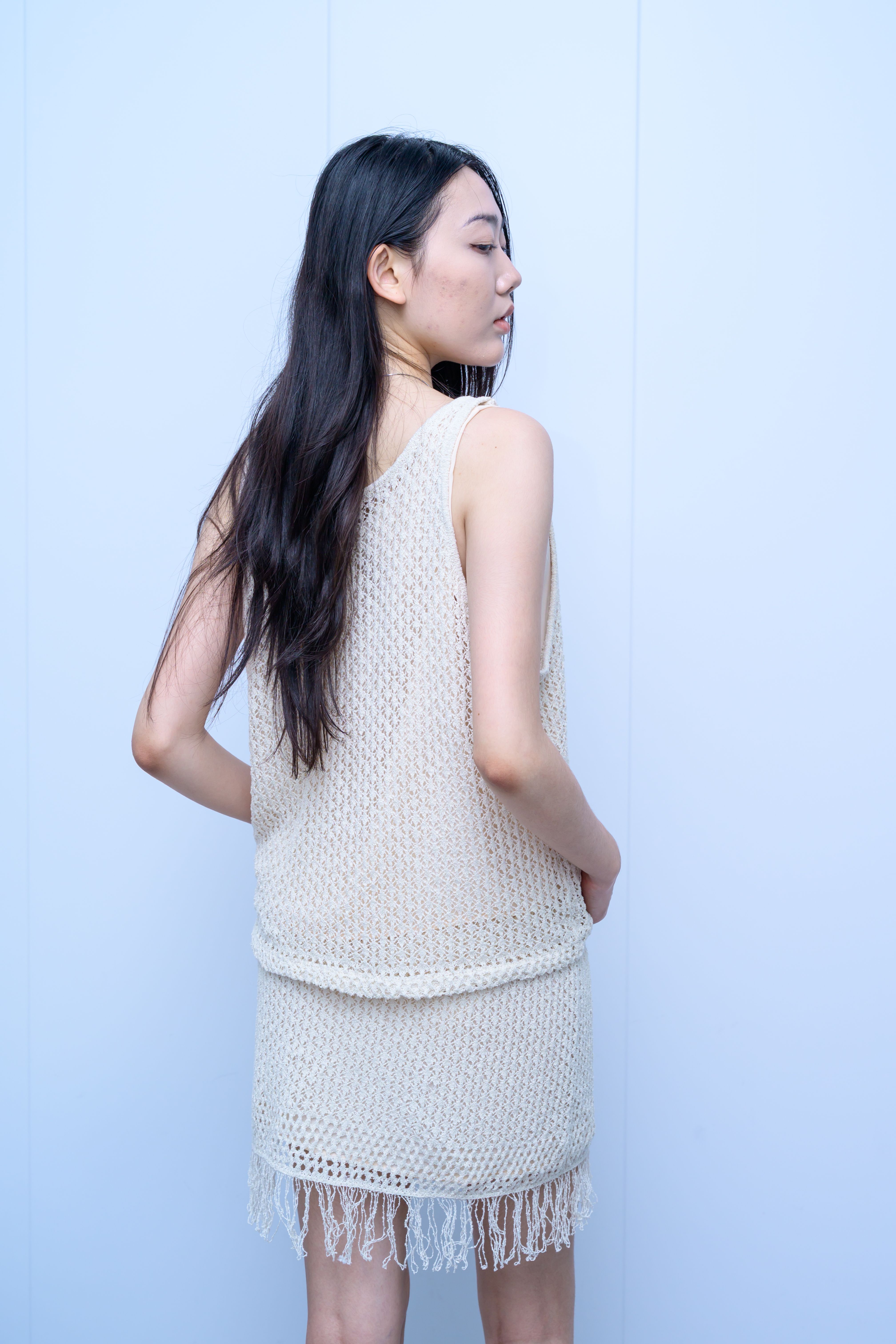 s047Off-White Textured Knit Fringe Co-ord Set