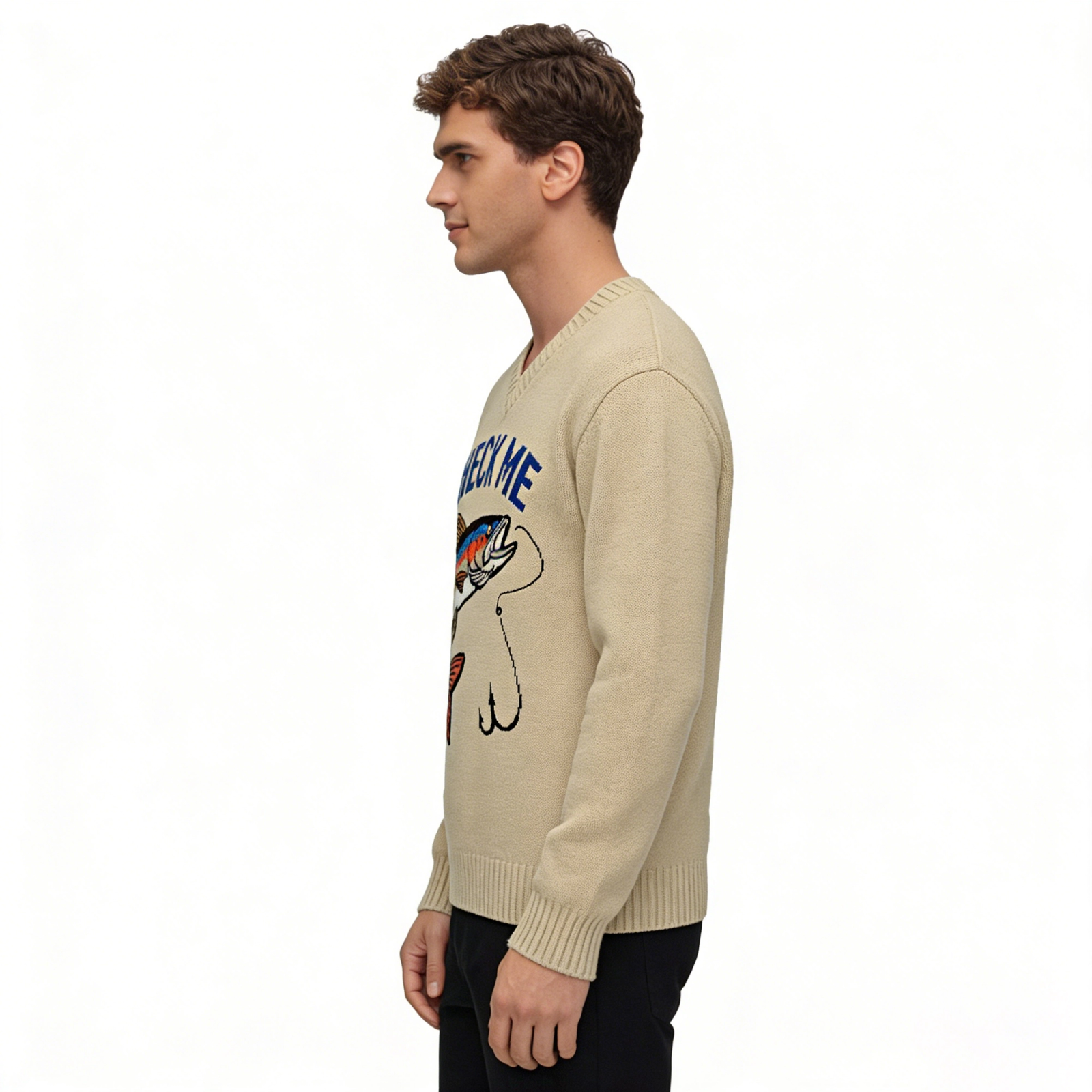 m024"Check Me" Trout Graphic V-Neck Knit Sweater