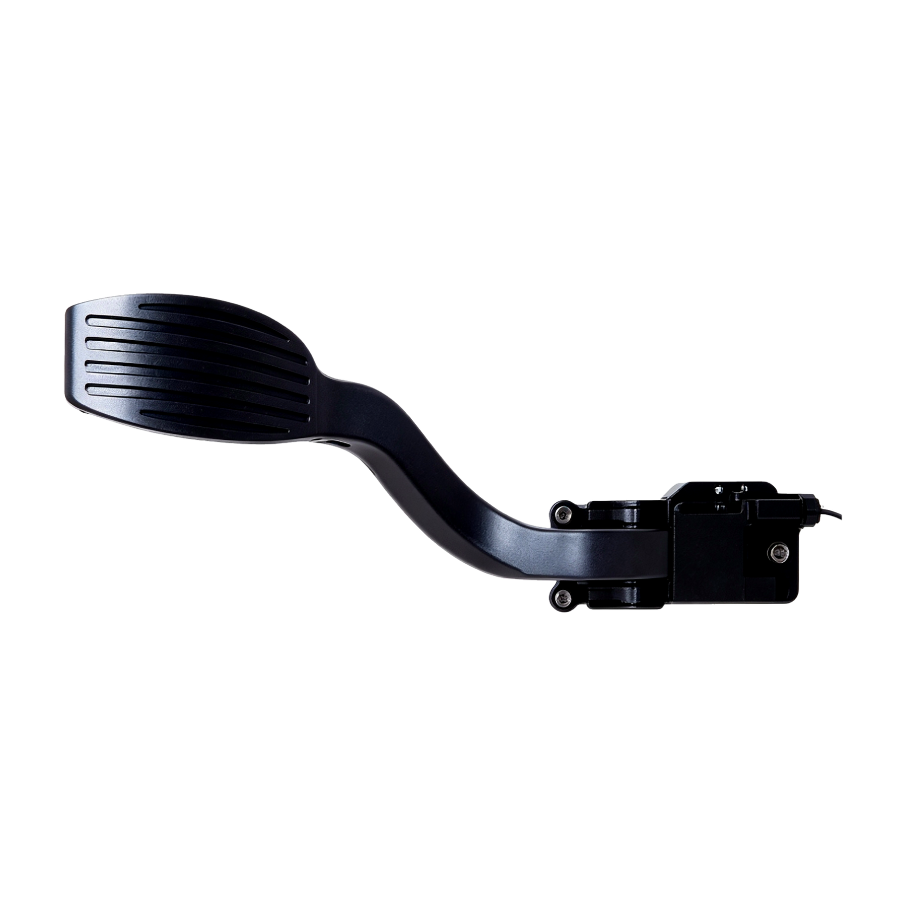 Suspended pendant-style accelerator pedal assembly with curved pedal arm and integrated sensor housing