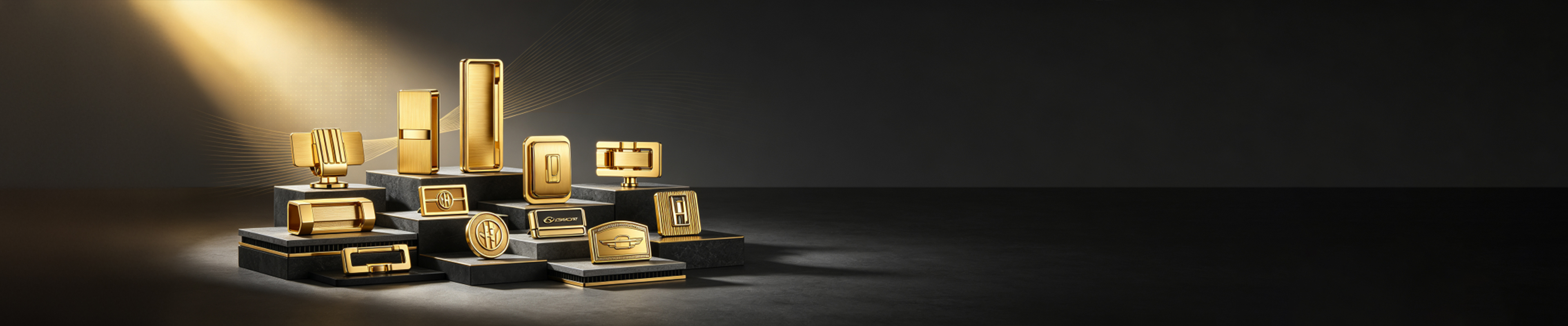 Gold hardware on a dark podium