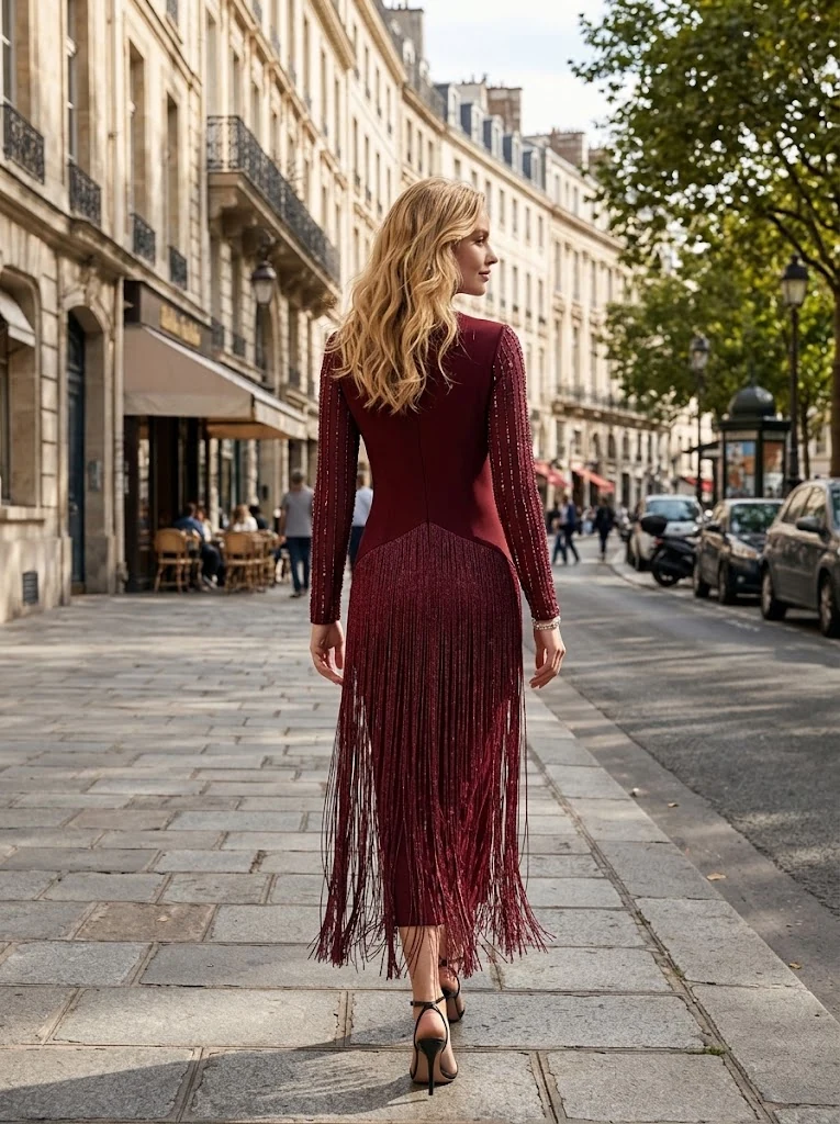 Burgundy Long-Sleeve Fringe Midi Dress thumbnail 2