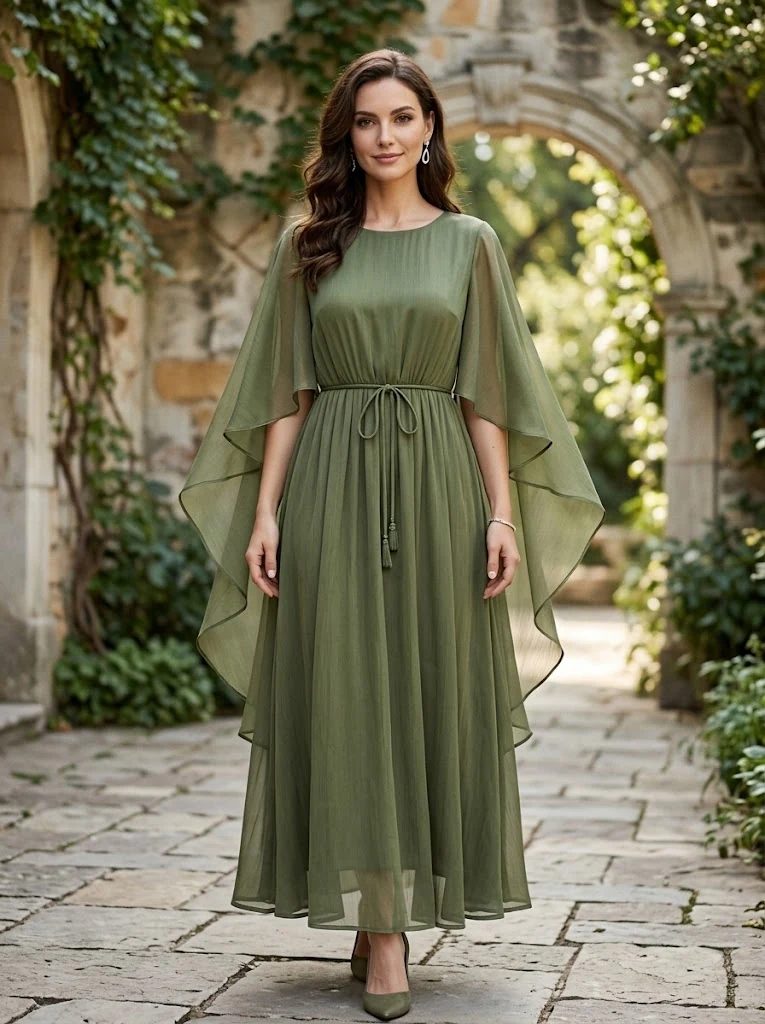 Olive Green Chiffon Cape-Sleeve Maxi Dress - Image 1