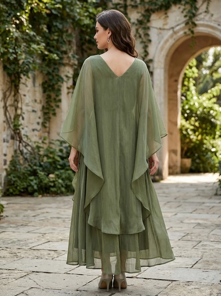 Olive Green Chiffon Cape-Sleeve Maxi Dress thumbnail 2