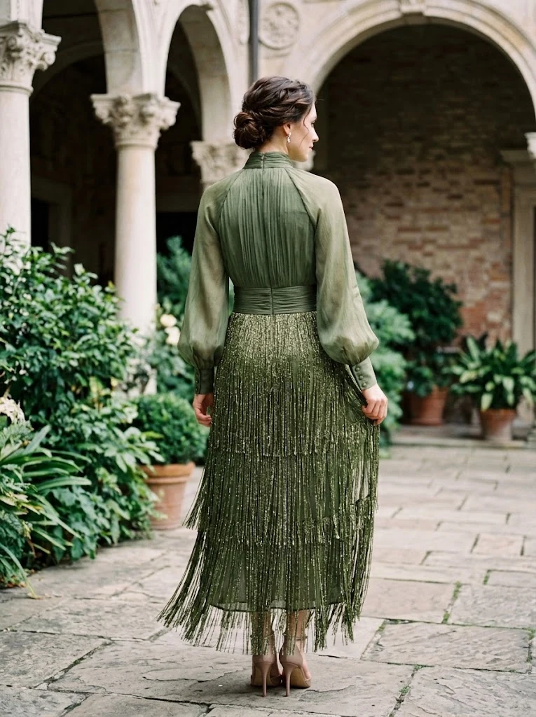 Olive Green High-Neck Fringe Midi Dress thumbnail 2