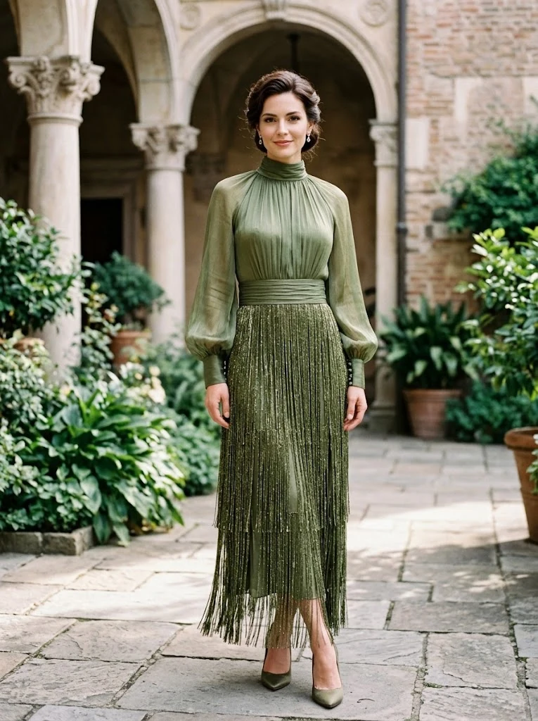 Olive Green High-Neck Fringe Midi Dress - Image 1