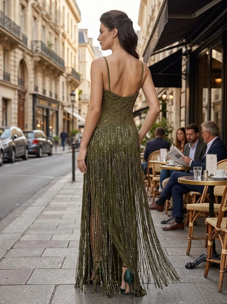 Olive Green Sequin Fringe Maxi Dress thumbnail 2