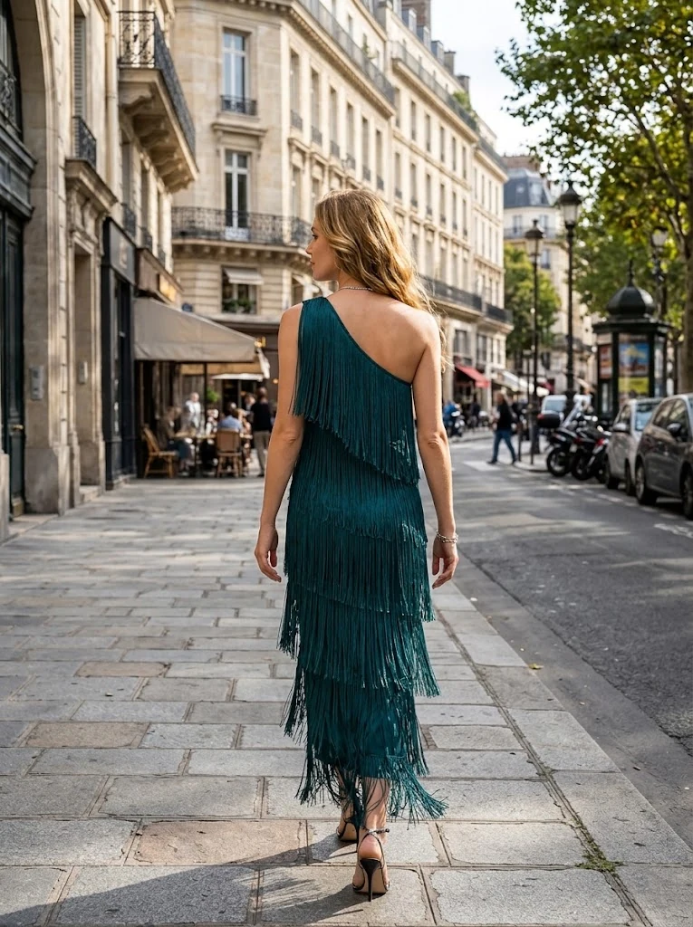 Teal Green Asymmetric Fringe Midi Dress thumbnail 2