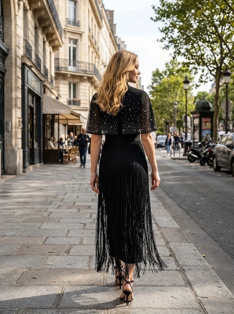 Black High-Neck Cape Fringe Midi Dress thumbnail 2
