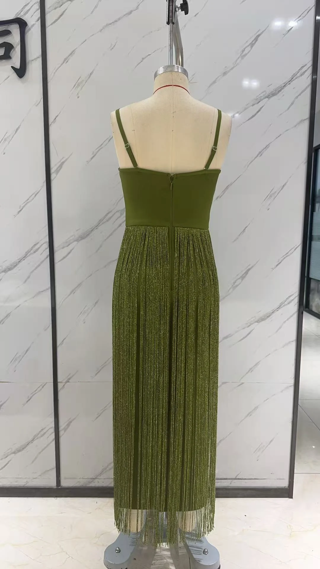 Olive Green Spaghetti-Strap Fringe Midi Dress thumbnail 2