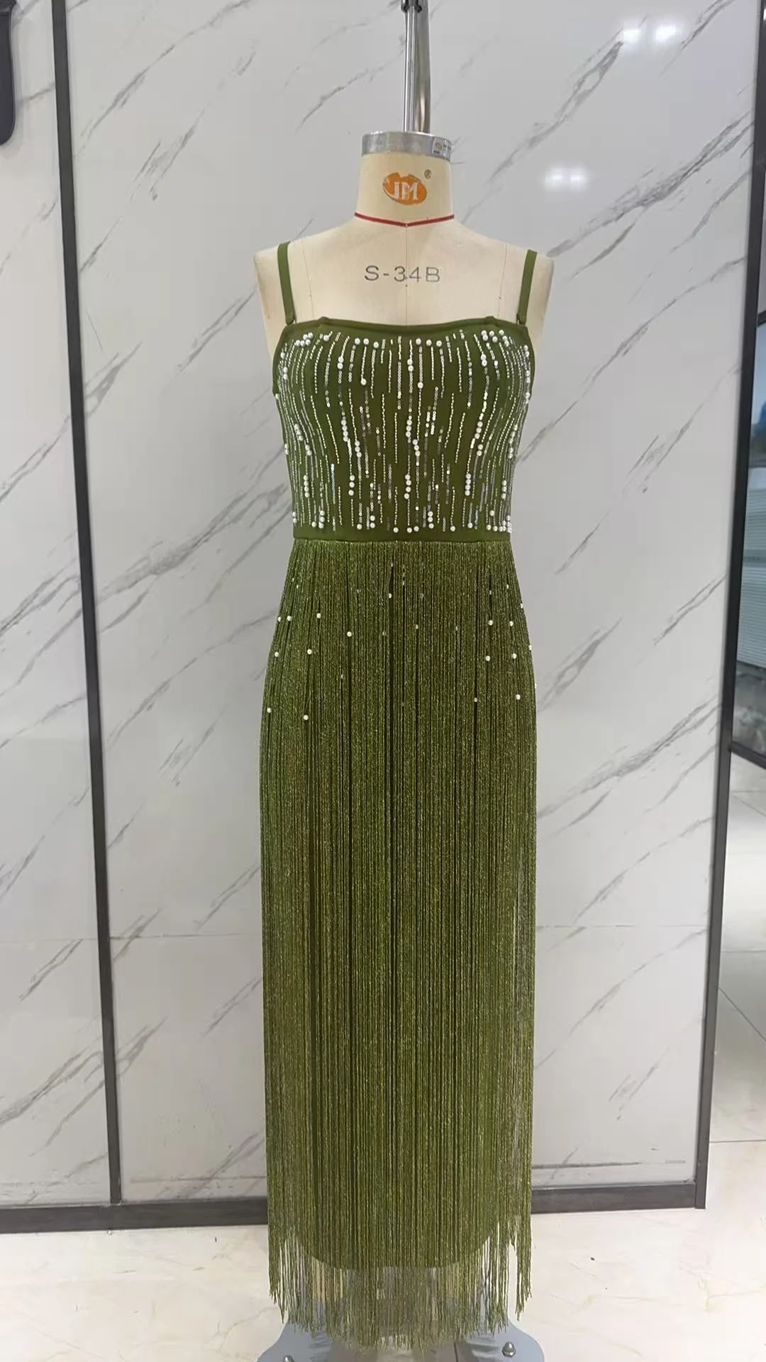 Olive Green Spaghetti-Strap Fringe Midi Dress - Image 1