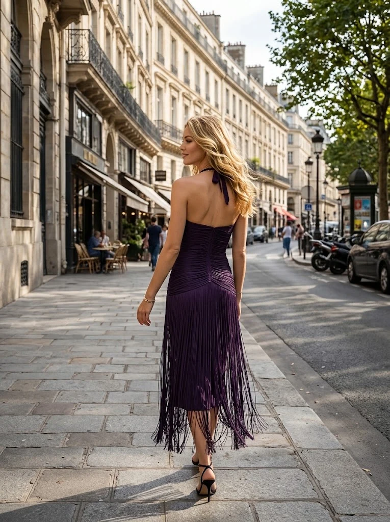 Purple Halter Fringe Midi Dress thumbnail 2