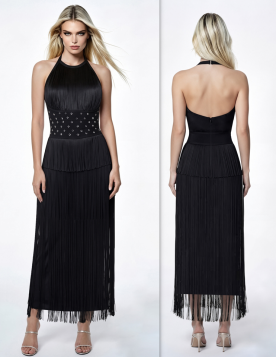Black Halter Neck Bandage Midi Dress Rhinestone Grid Waistband Layered Fringe Party Evening Gown - Image 1