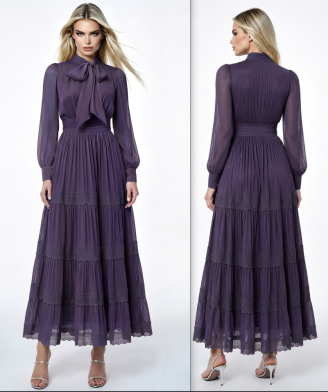 Elegant Chiffon Maxi Dress Bow Neck Long Sleeve Tiered Pleated Evening Party Gown - Image 1