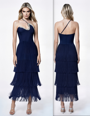 Navy Asymmetrical One-Shoulder Bandage Midi Dress Beaded Trim Tiered Fringe Cocktail Gown - Image 1