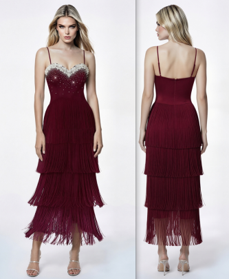 Burgundy Beaded Tiered Fringe Midi Dress Sweetheart Spaghetti Strap Party Evening Gown - Image 1