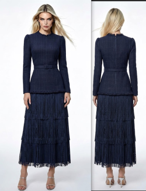 Navy Fringe Maxi Dress Mock Two-Piece Long Sleeve Formal Evening Gown With Belt - Image 1