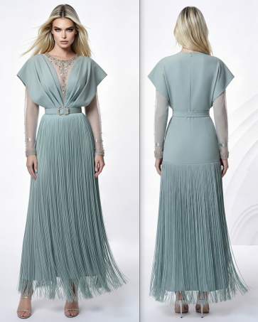 Sage Green Woven Maxi Evening Dress Batwing V-Neck Beaded Mesh Long Sleeve Fringe Formal Gown - Image 1
