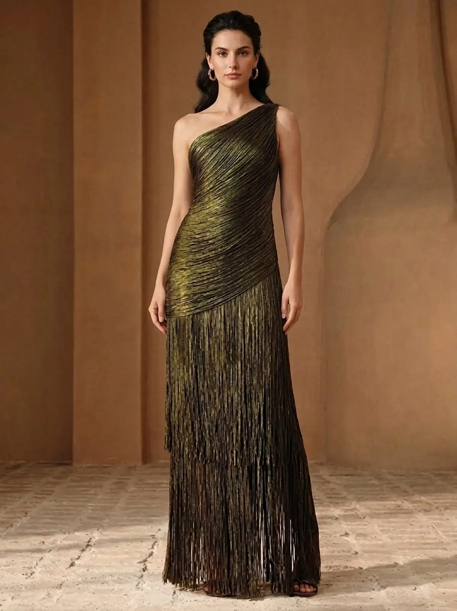 Iridescent Metallic One-Shoulder Maxi Gown - Image 1