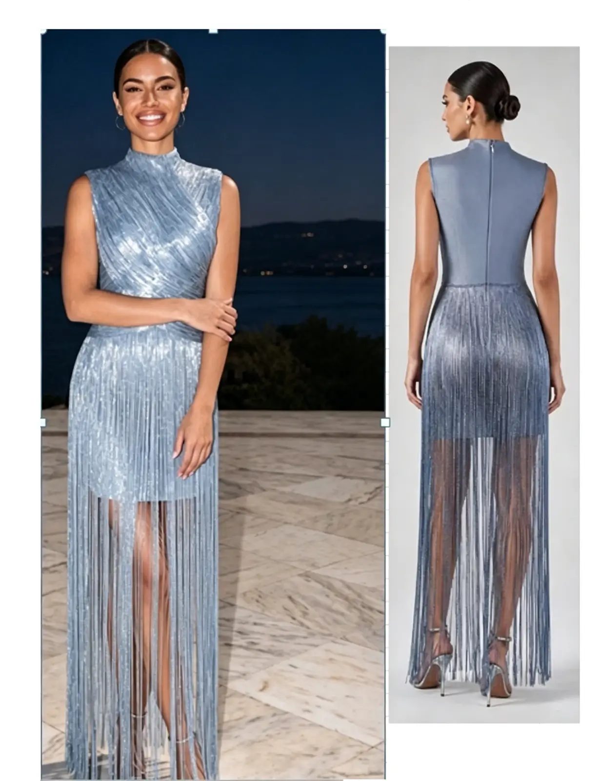 Light Blue Metallic Fringe Gown