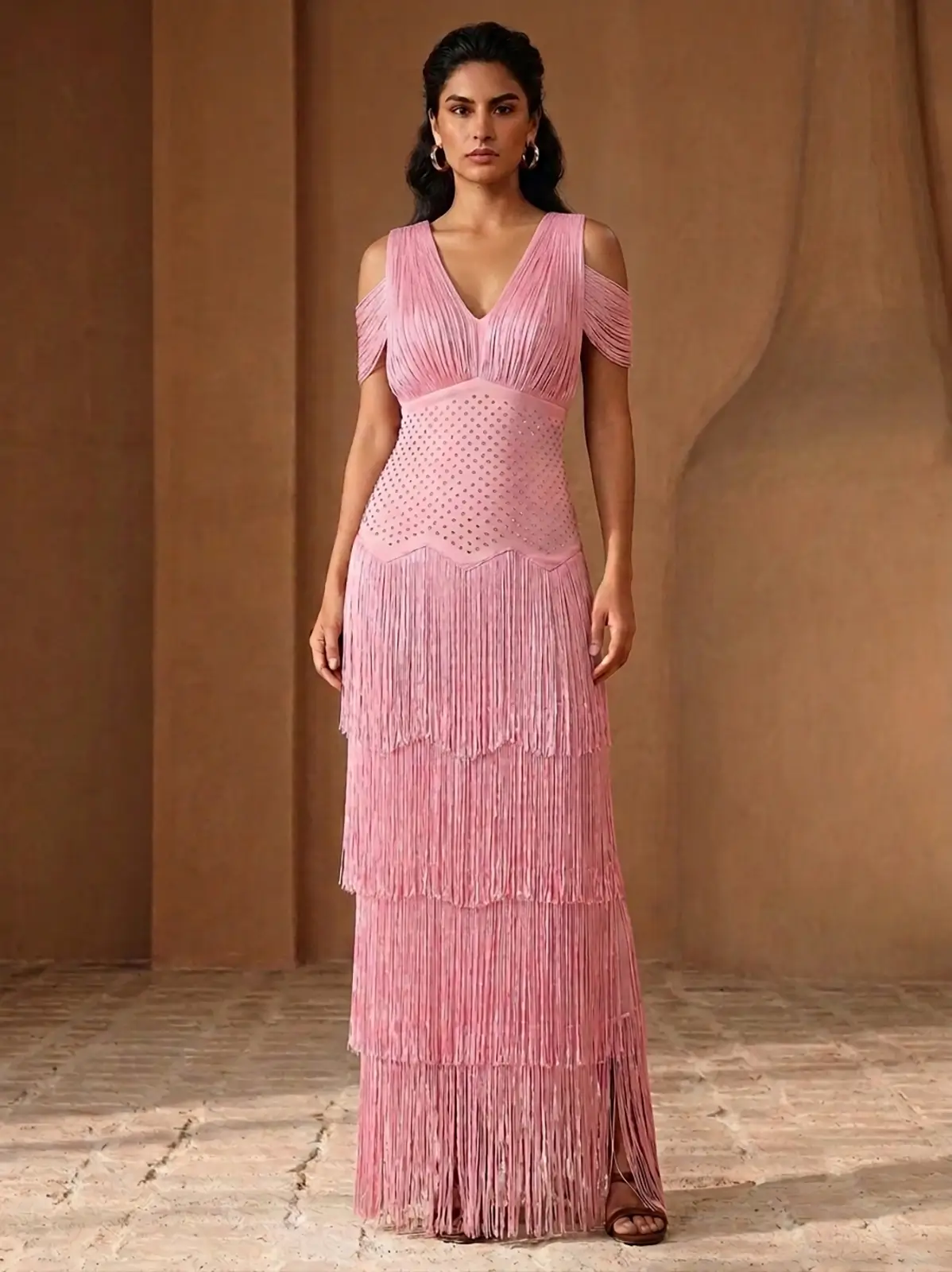 Peach Pink Rhinestone Fringe Midi Gown - Image 1