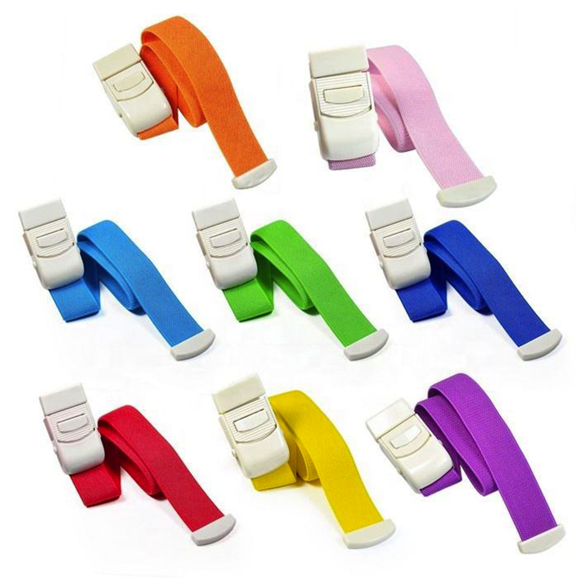 Buckle tourniquets arranged in multiple strap colors