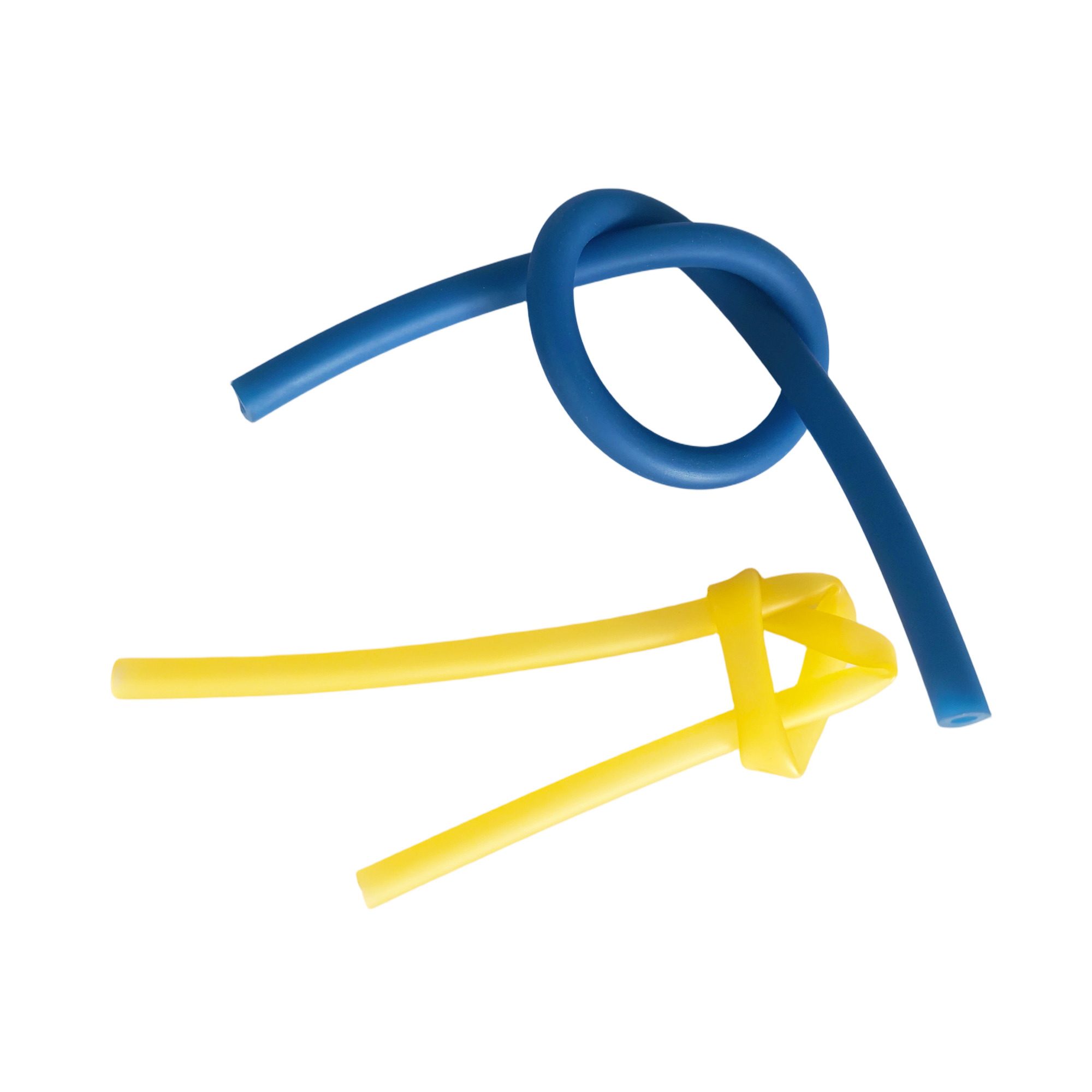 Yellow and blue hemostatic tubing tied into loose knots