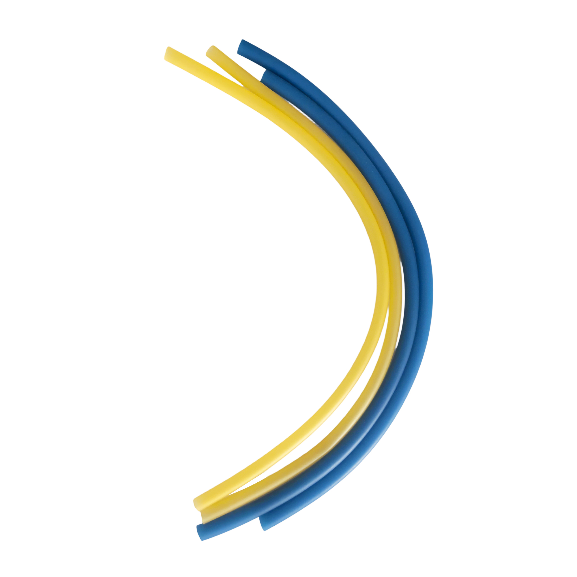 Curved yellow and blue hemostatic tubes arranged for comparison