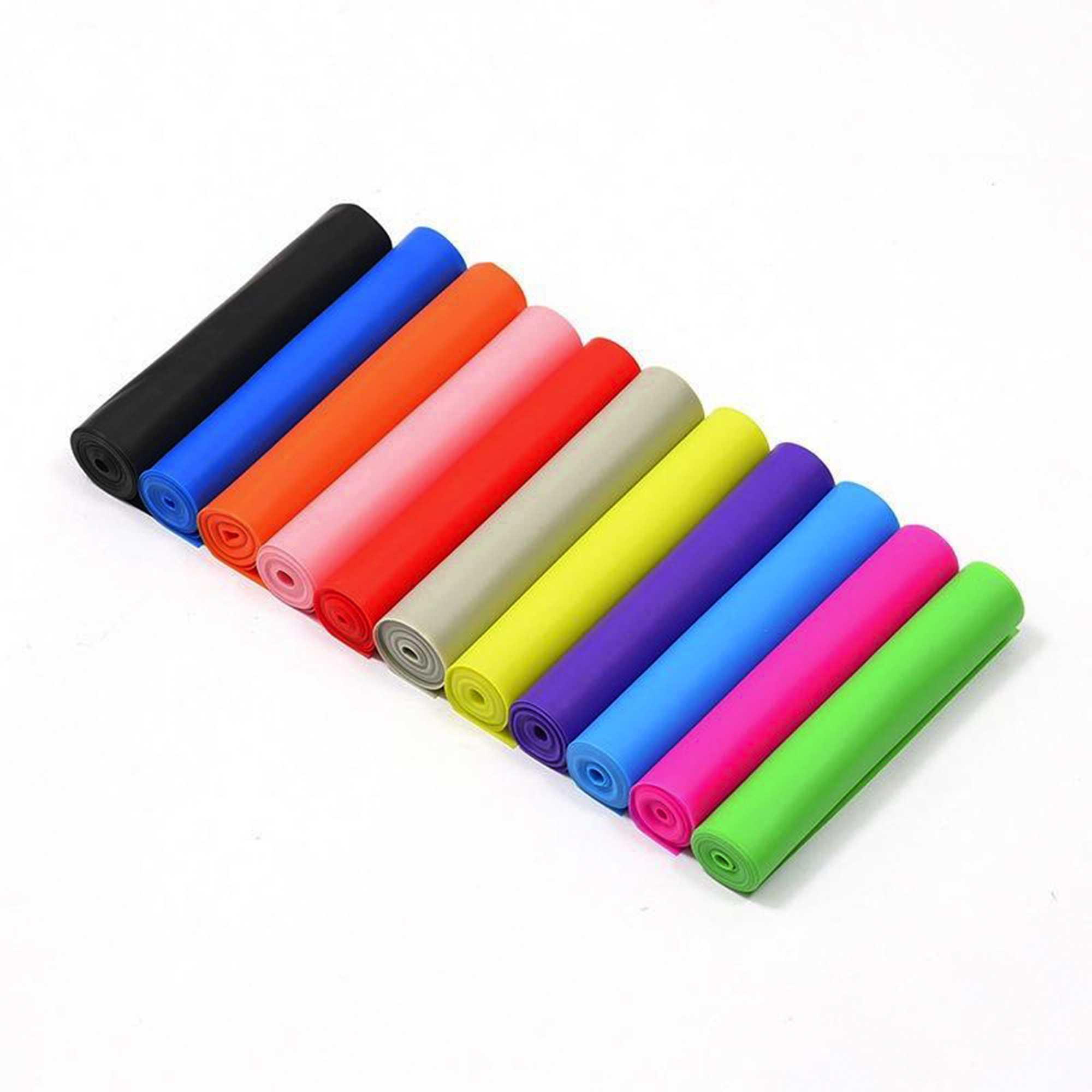 Rolled TPE resistance bands arranged in multiple colors