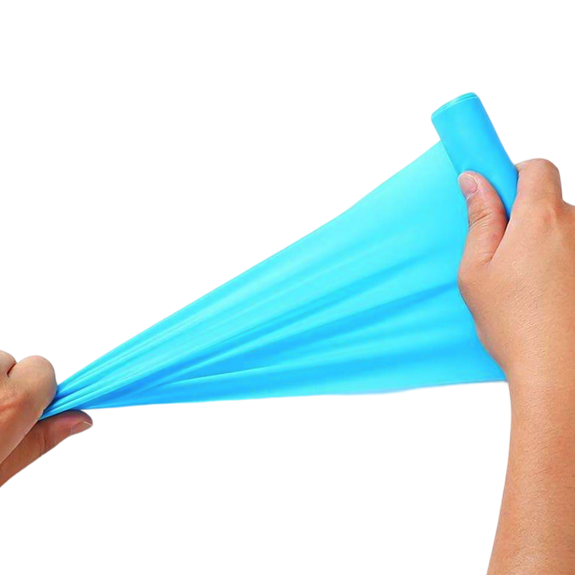 Hands stretching a blue flat TPE resistance band