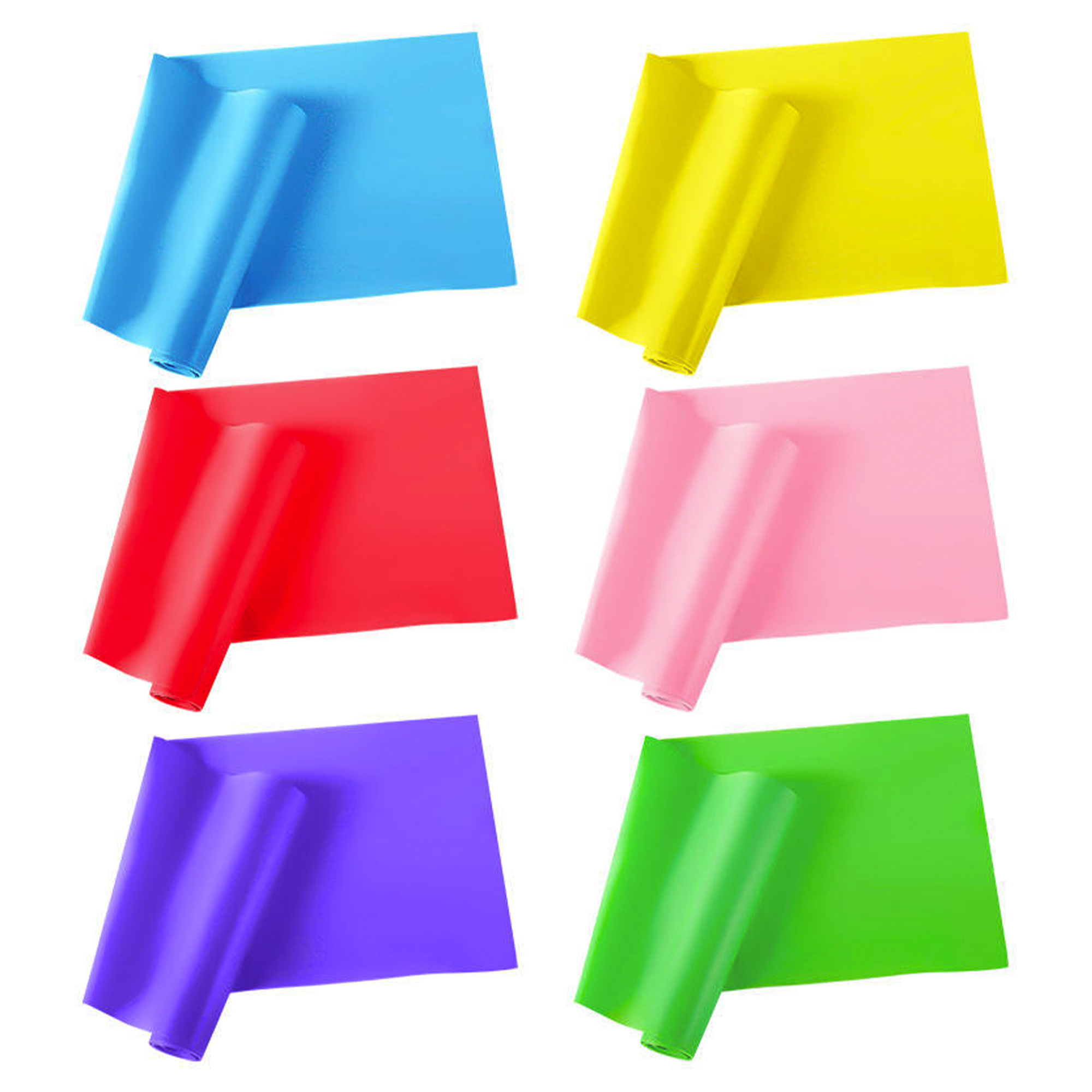 Flat TPE resistance band sheets displayed in six colors