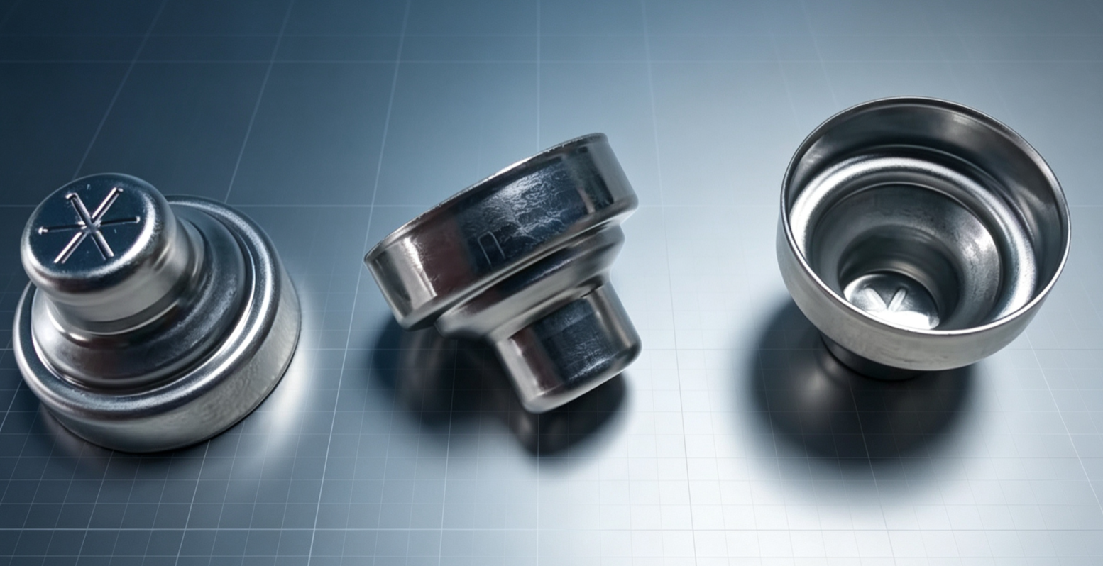 Three deep-drawn ignition tube sleeves: closed end with embossed mark, stepped side view and open end