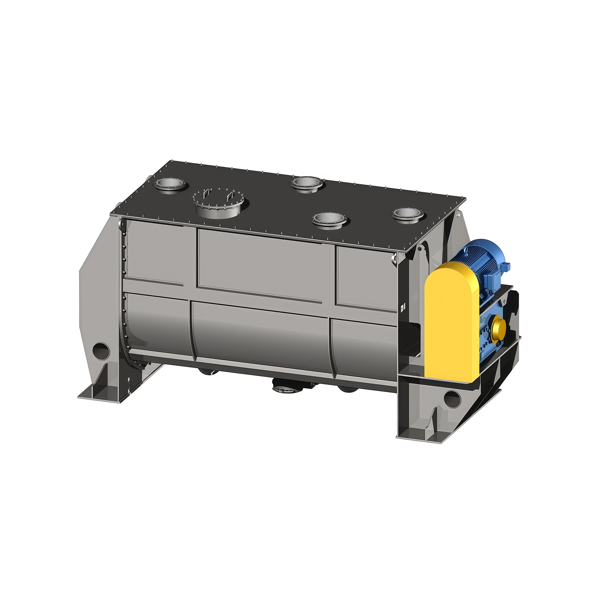 Horizontal ribbon mixer with a flanged-inlet top plate, a trough body on mounting feet and a drive motor at one end