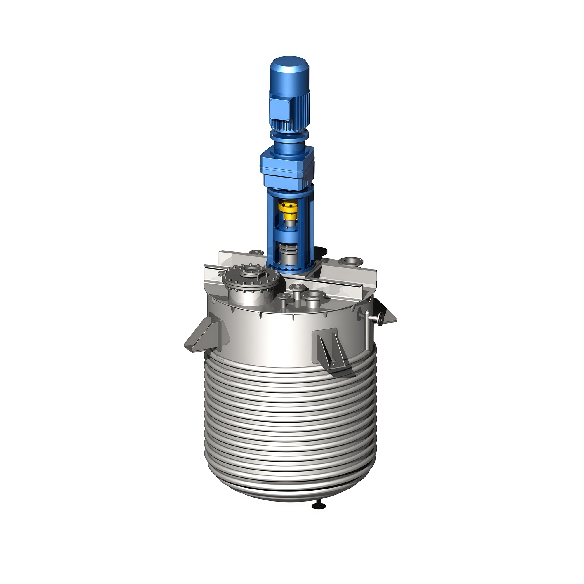Reactor vessel with an external coiled jacket, a top-mounted blue agitator drive, nozzles and a manway