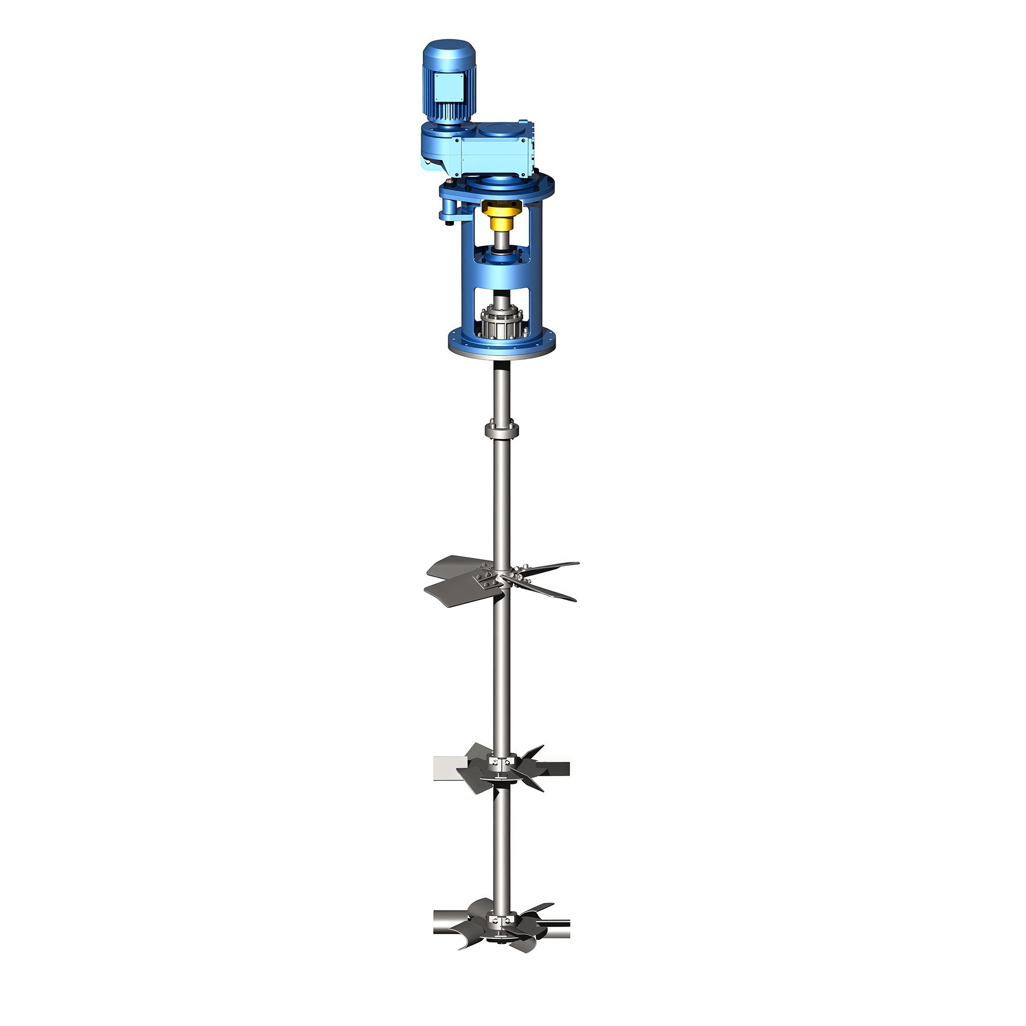 Top-entry agitator with a blue motor and gear drive above a mounting flange, a long shaft and three impeller stages