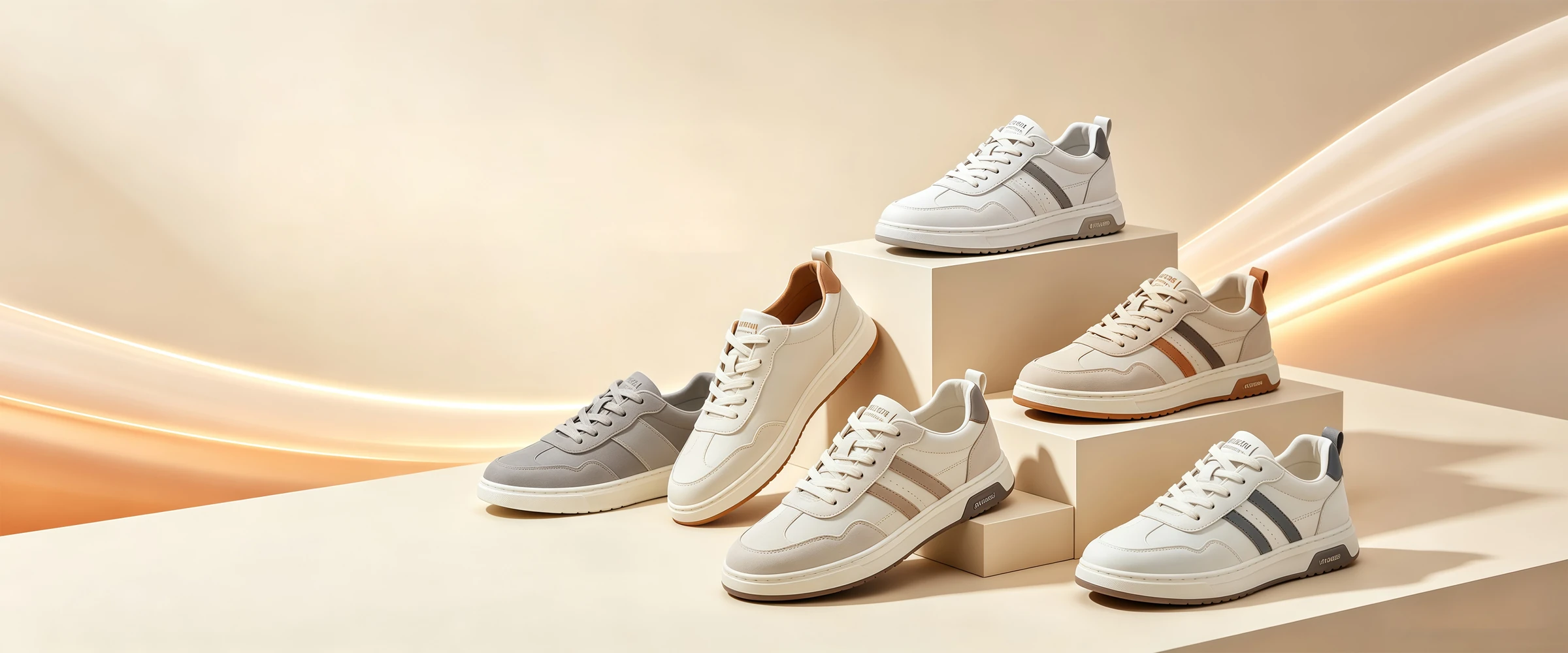 Six leisure sneakers in cream, grey, and white staged on warm-toned podiums
