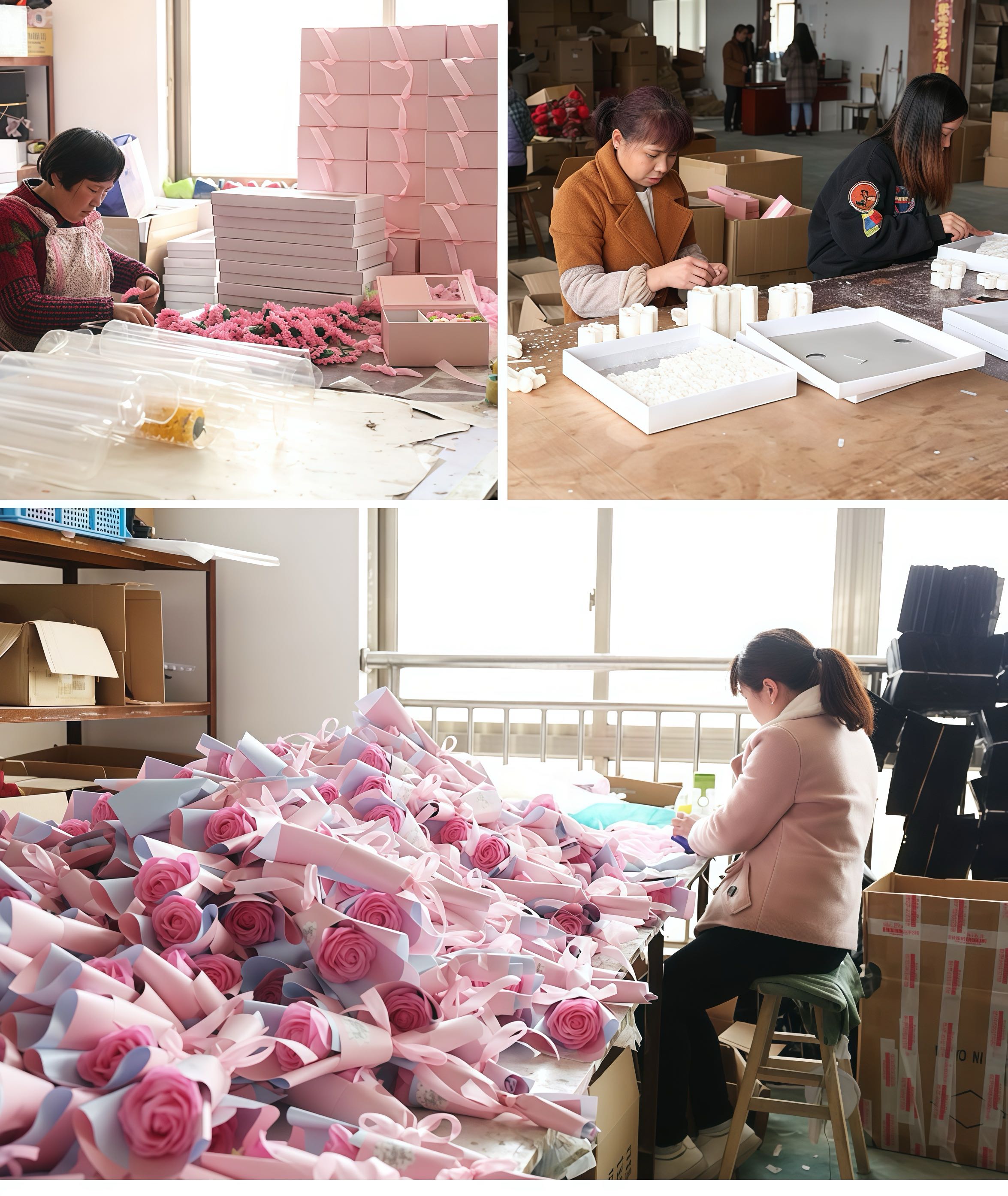 Team members assembling gift boxes and rose bouquets by hand