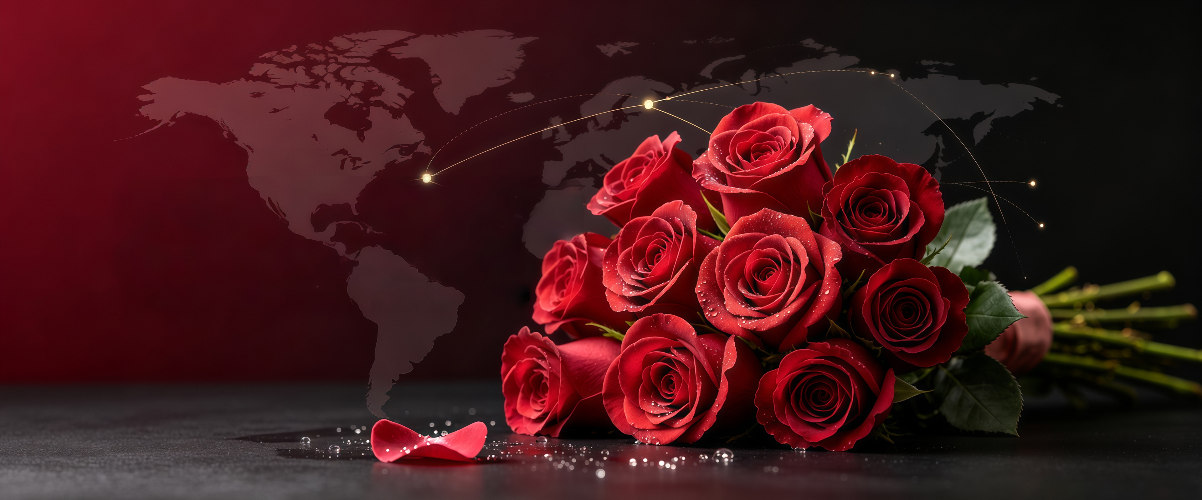 A bouquet of red roses with water droplets on a dark surface
