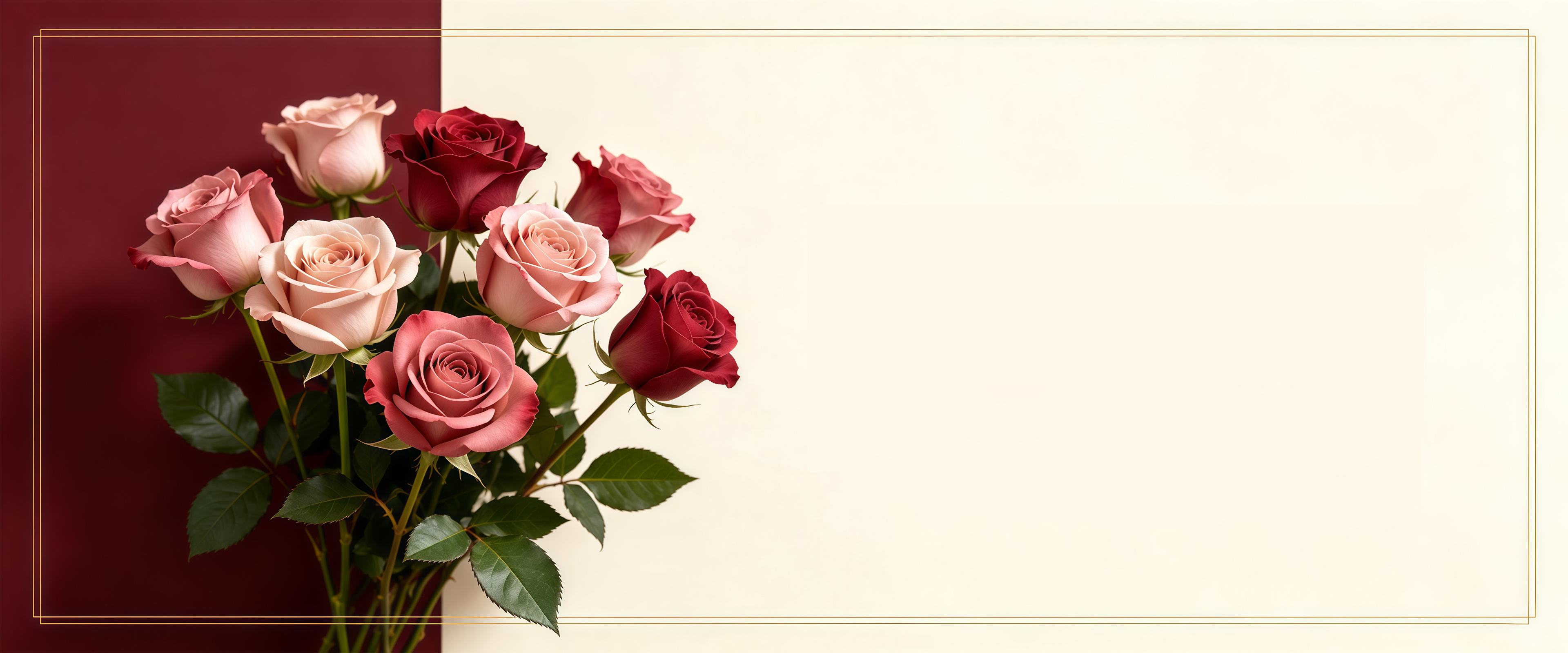 Pink, blush and deep red roses against a burgundy and ivory backdrop