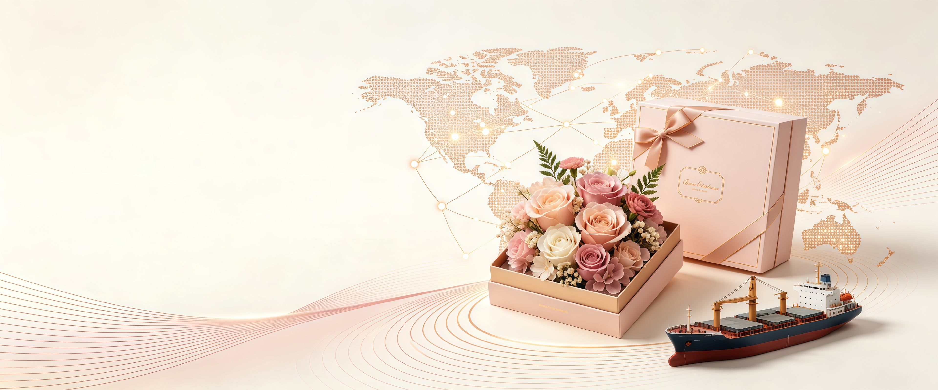 An open gift box of pink roses and carnations beside a ribbon-tied box