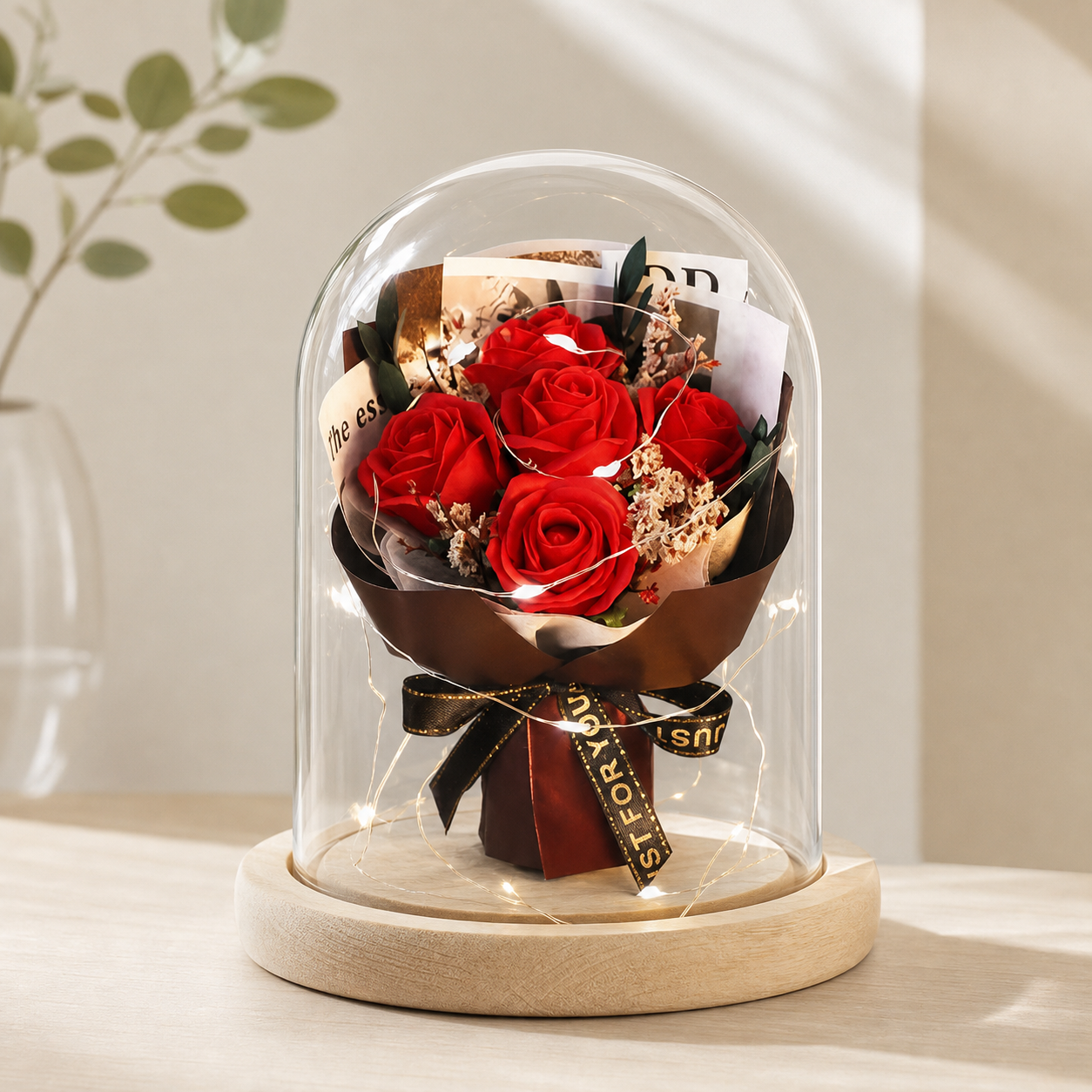 LED Preserved Rose Bouquet Glass Dome Figurine