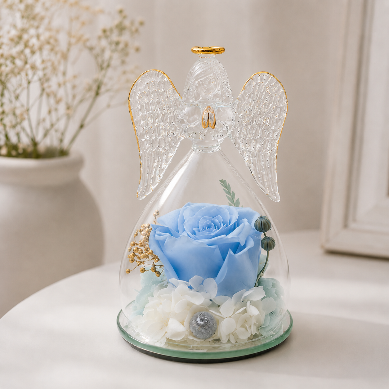 Preserved Rose Little Angel Glass Dome Ornament