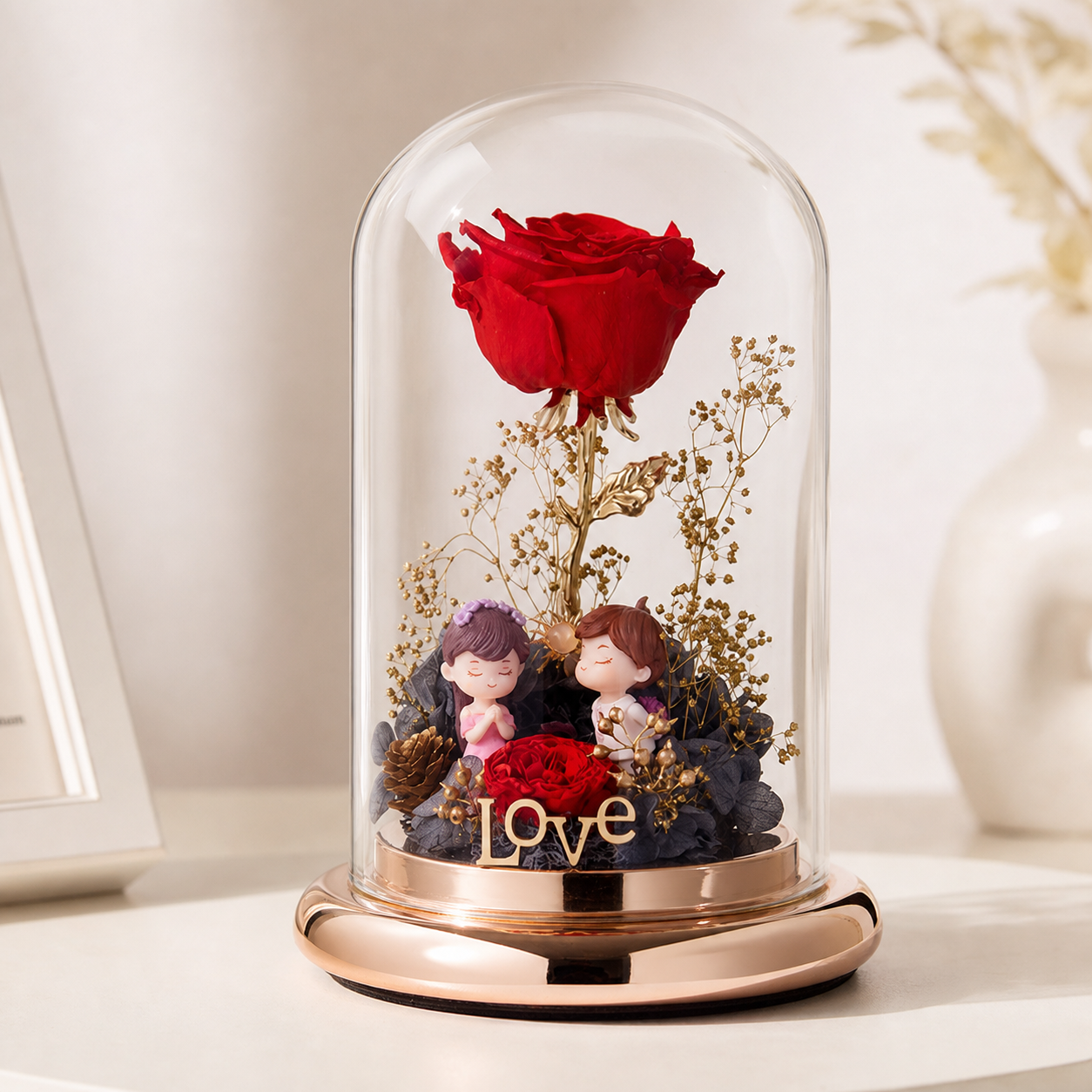 Luxury Gold Base Preserved Rose Glass Dome Figurine, Ideal Confession Gift for Valentine's Day, Anniversaries & Birthdays