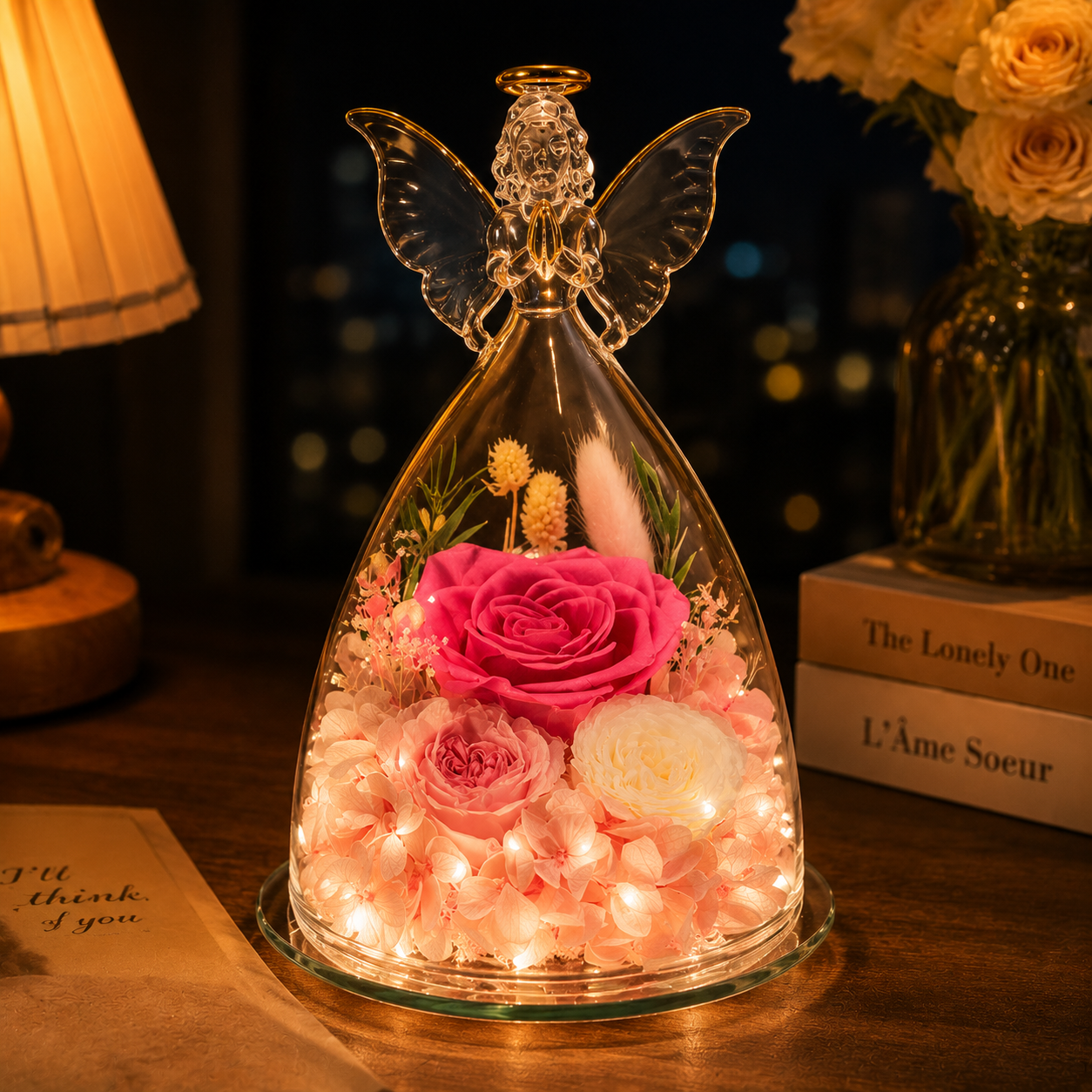 Angel Glass Dome Preserved Rose Figurine