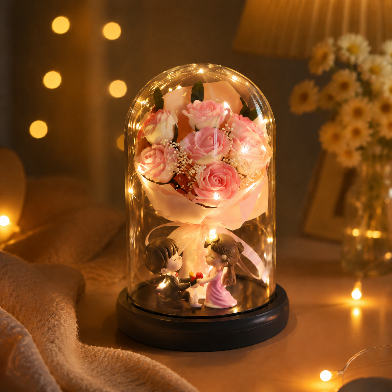 Glass Dome Plush Bear Soap Rose Bouquet Figurine