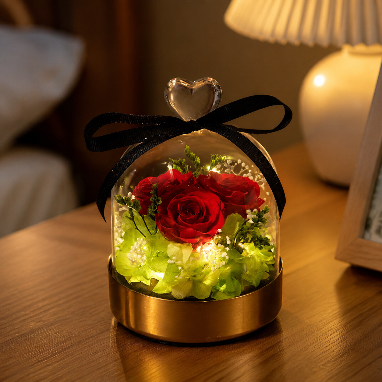 Gold Base LED Preserved Rose Glass Dome Night Light Figurine