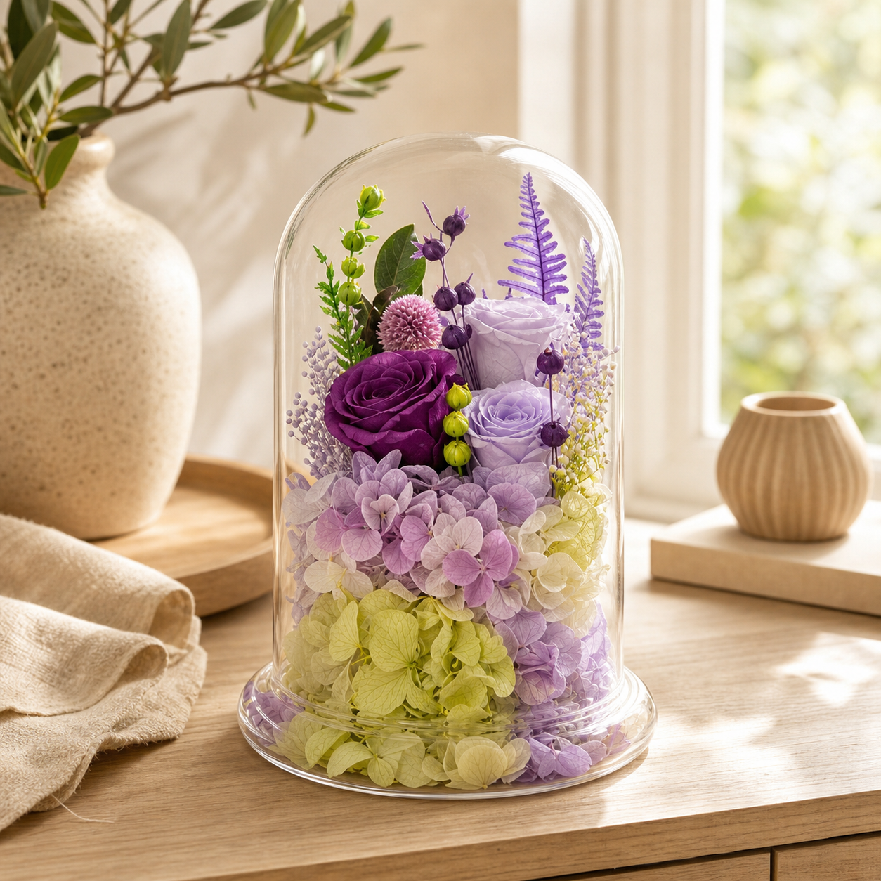 Multicolor Preserved Rose Glass Dome Figurine