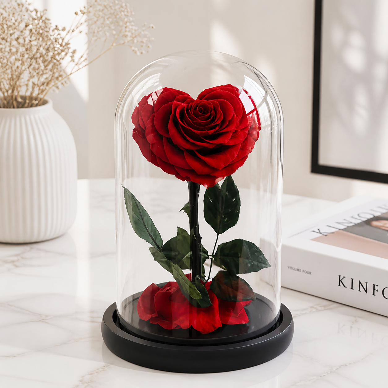 Heart-Shaped Glass Dome Preserved Rose Figurine